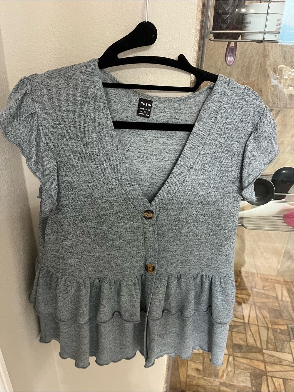 SHEIN Light Gray Ruffled Button V-Neck Knit Top